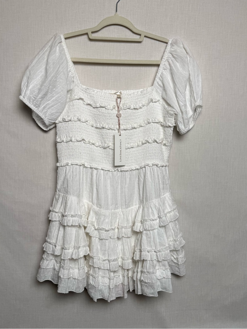 LoveShackFancy Jayce Dress L White Smocked Eyelet Ruffle Mini Puff Sleeve NWT